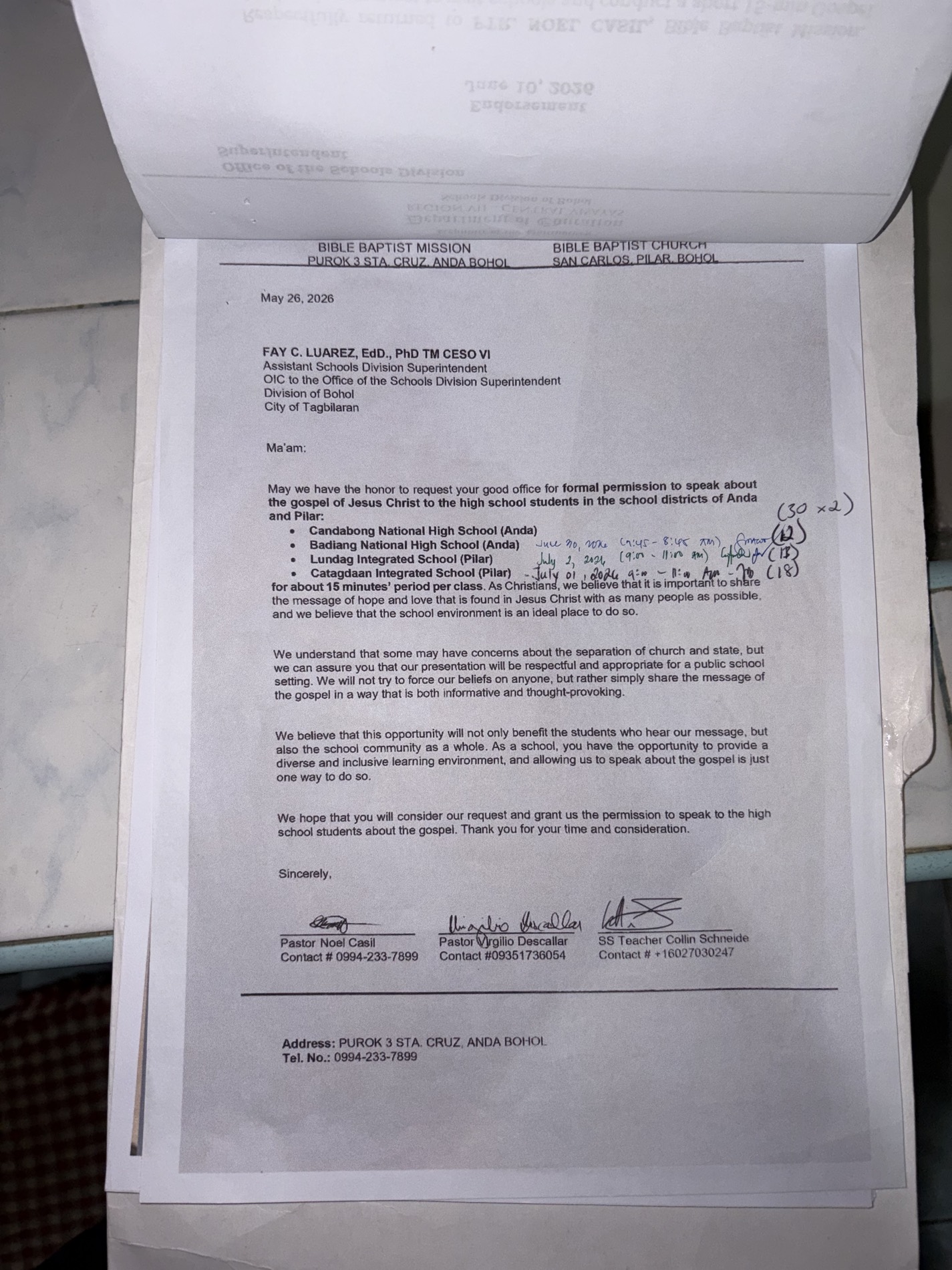 Anda and Pilar request letter with each school principal scheduling the visit date