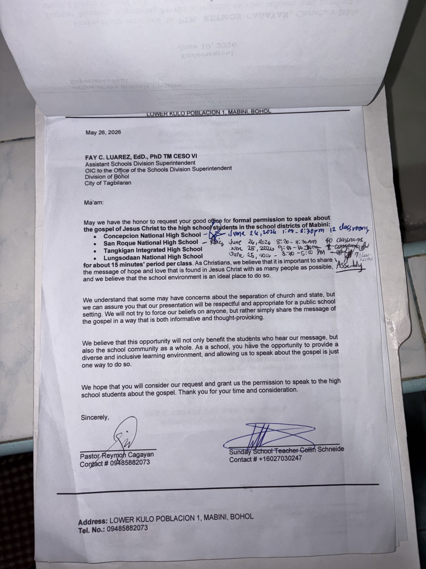 Mabini request letter with each principal scheduling their campus visit