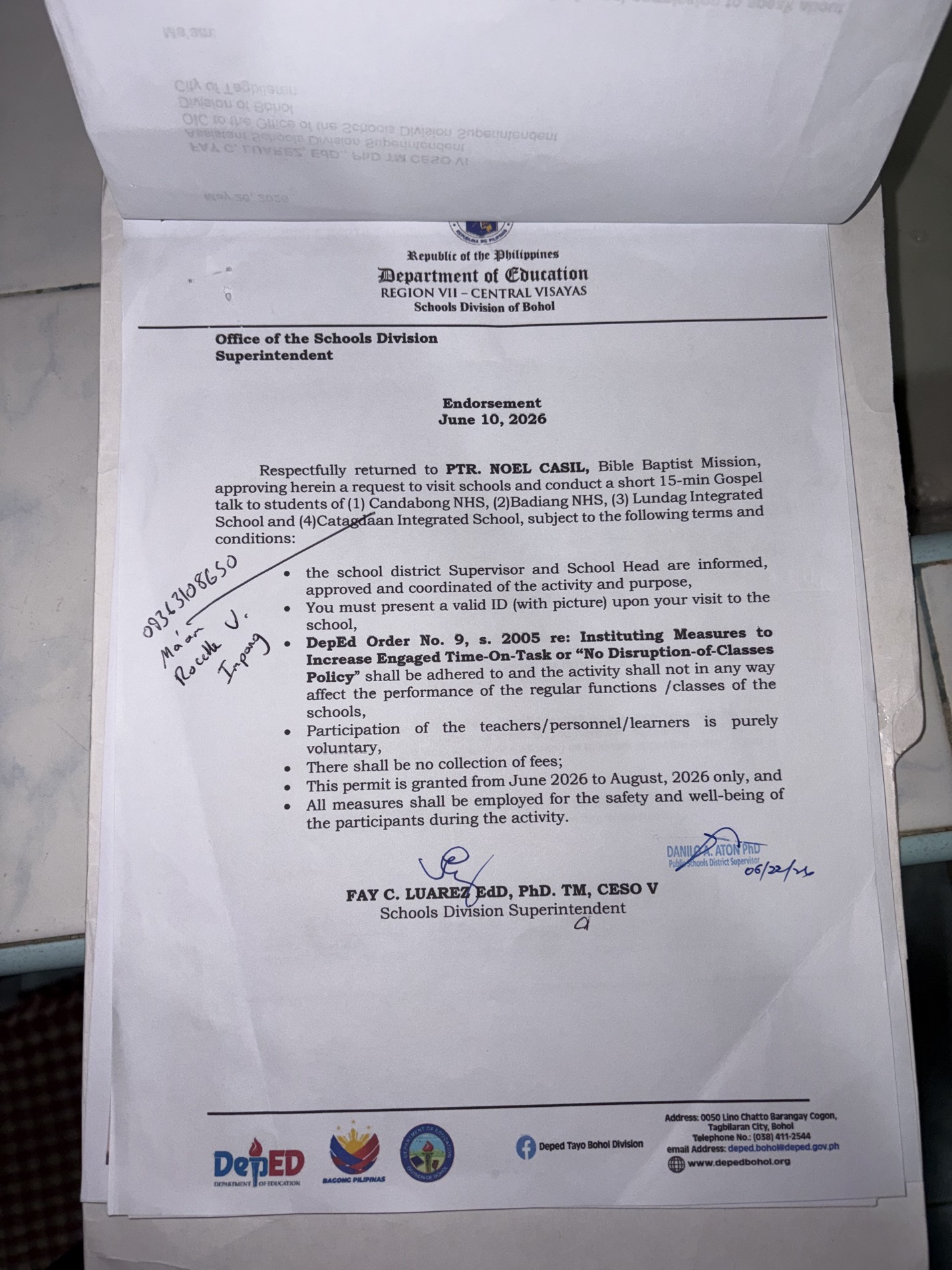 Signed Department of Education endorsement to Pastor Noel Casil for the Anda and Pilar districts, 2026 trip