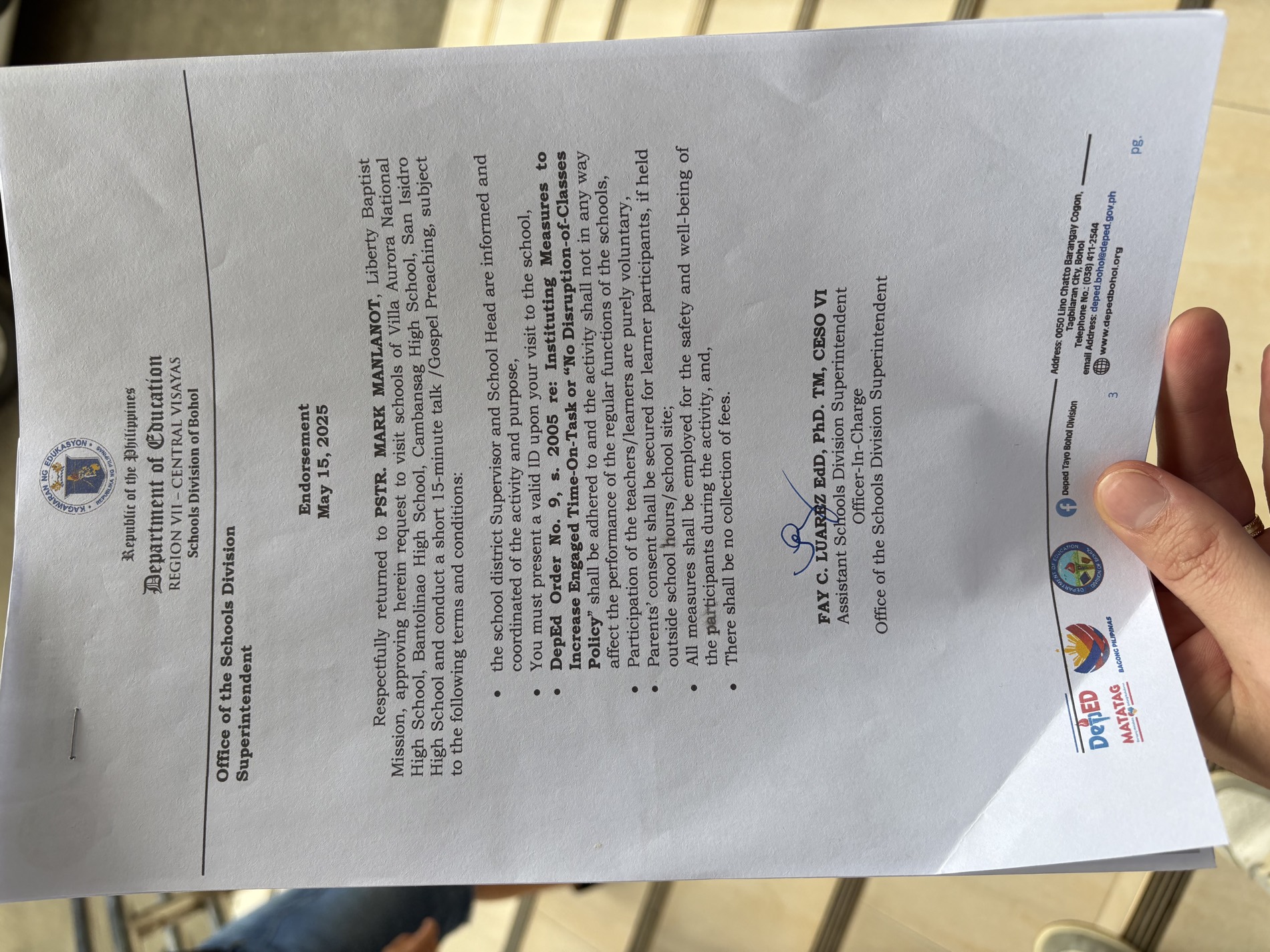 Signed Department of Education endorsement to Pastor Mark Manlanot of Liberty Baptist Mission, approving gospel visits to four Antequera high schools