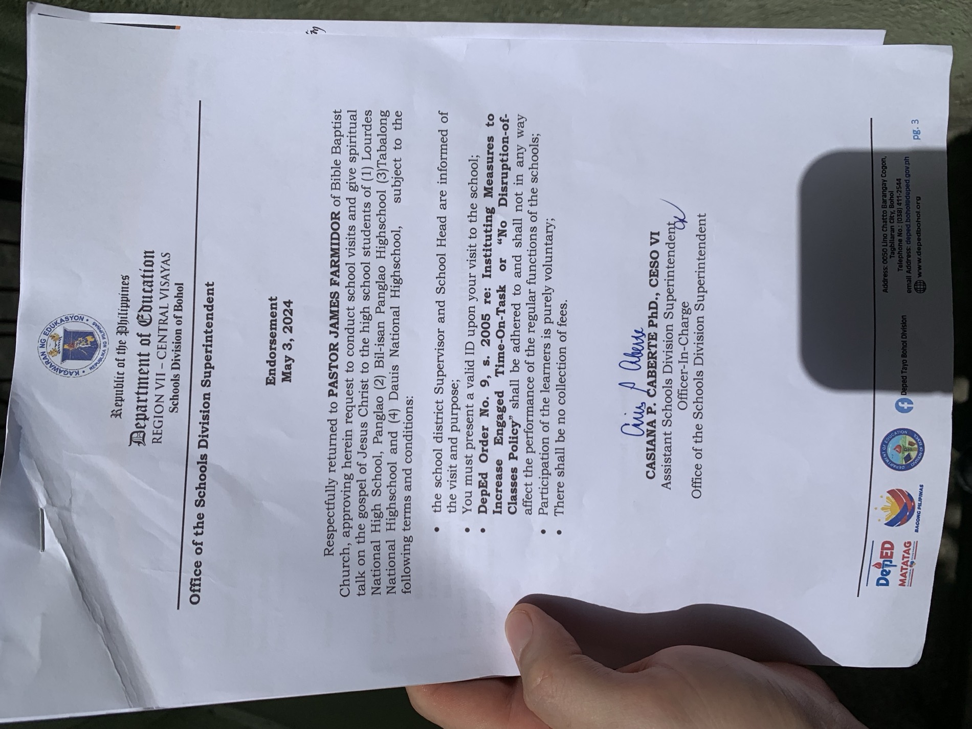 Signed Department of Education endorsement to Pastor James Famador of Bible Baptist Church, approving gospel visits to four Dauis and Panglao high schools