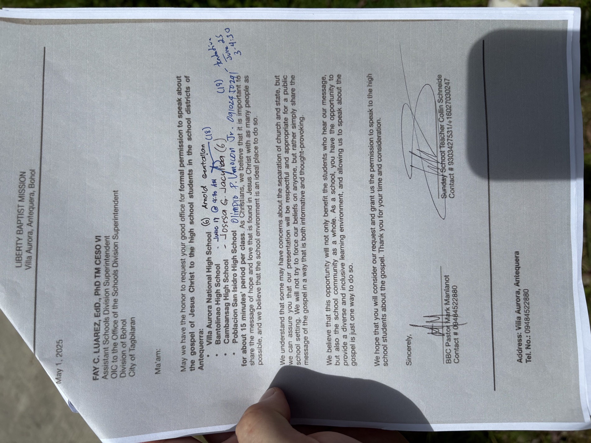 Antequera school request letter annotated with the approving signatures of each school principal