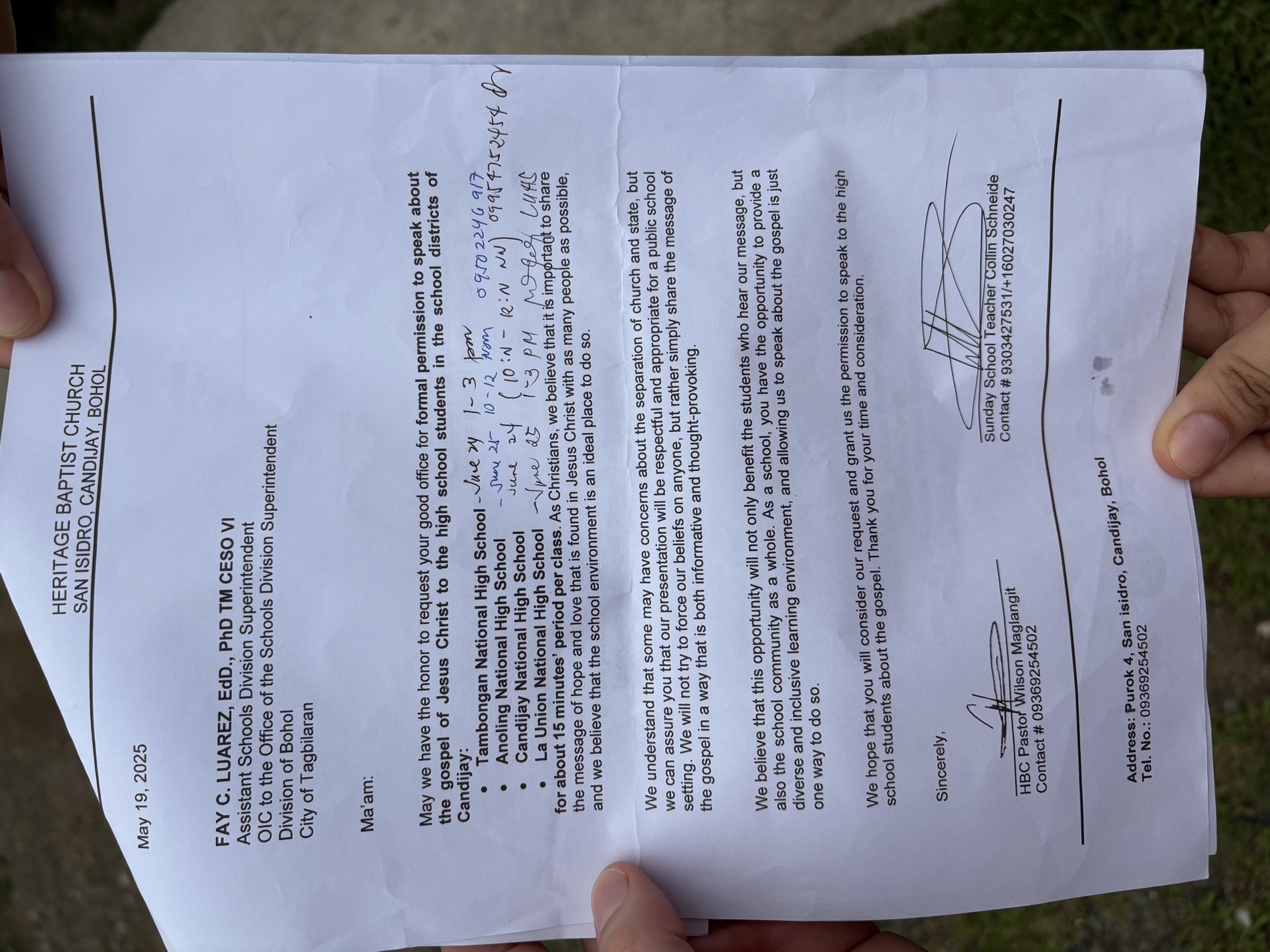 Candijay school request letter annotated with the approving signatures of each school principal
