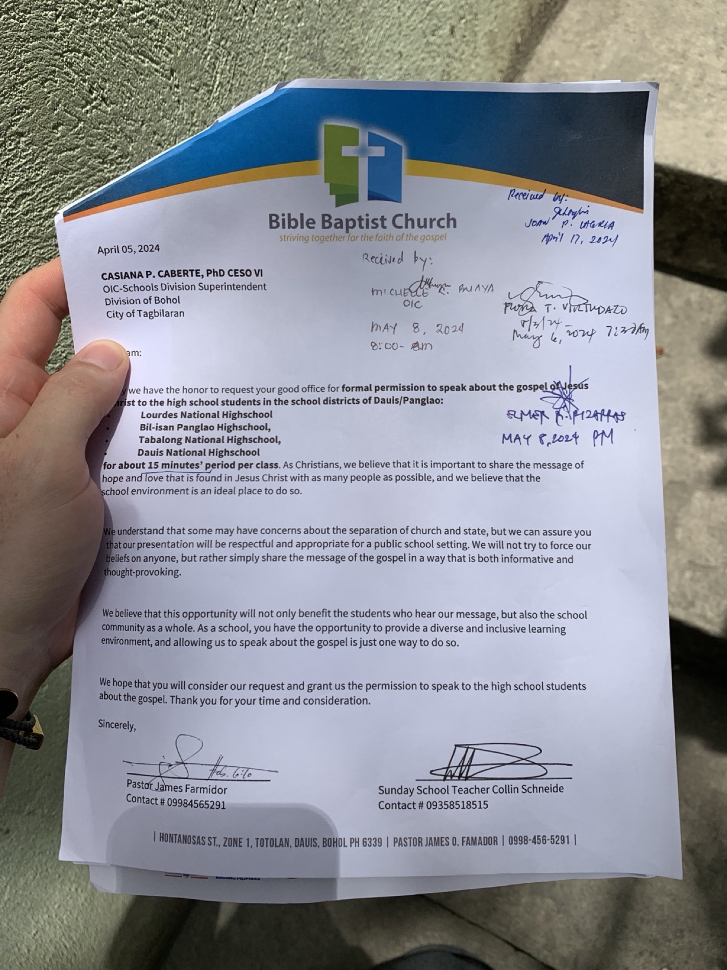 Dauis and Panglao school request letter with the Received By signatures of school officials