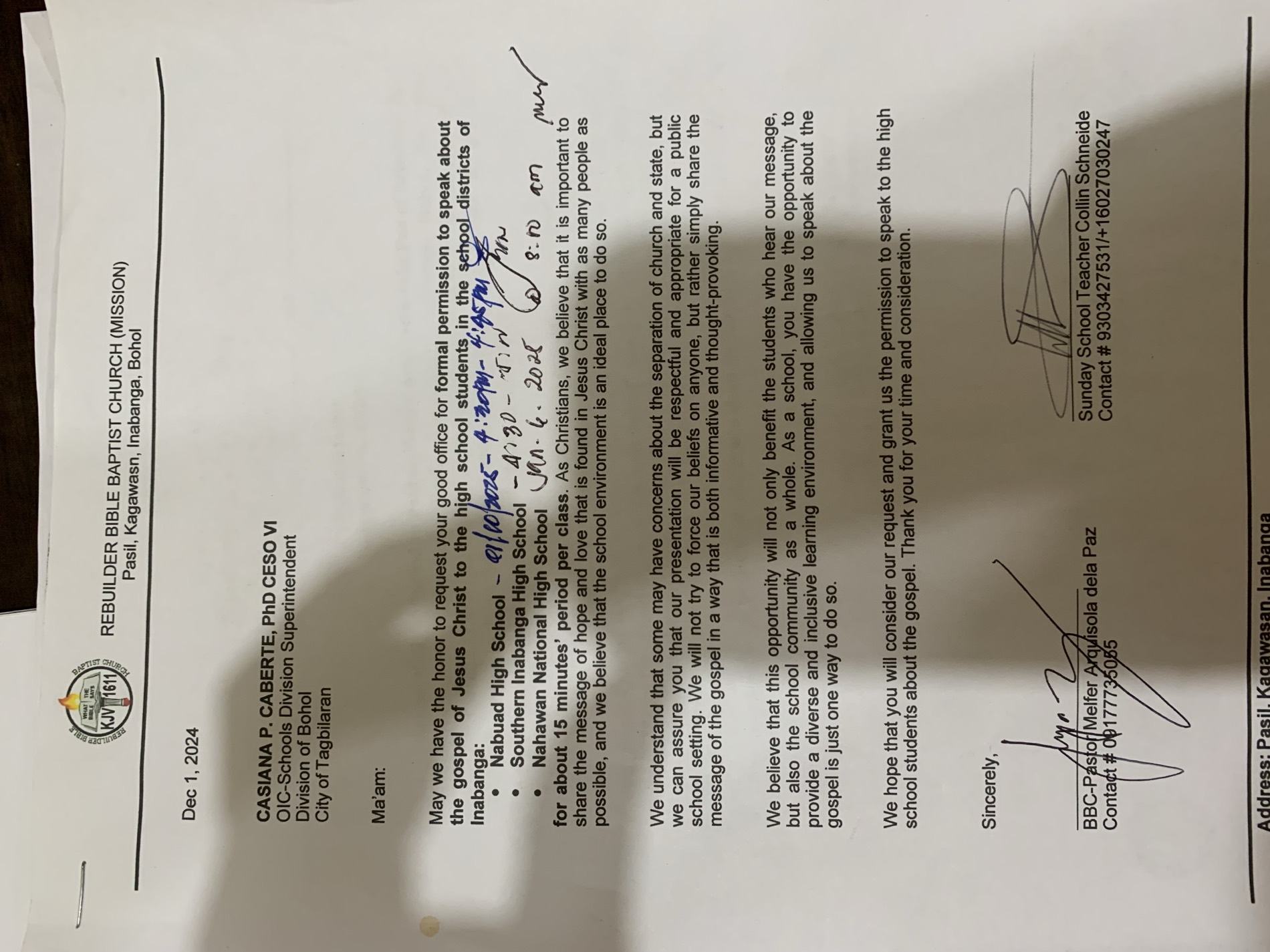 Inabanga school request letter with each principal noting the approved assembly date beside their school