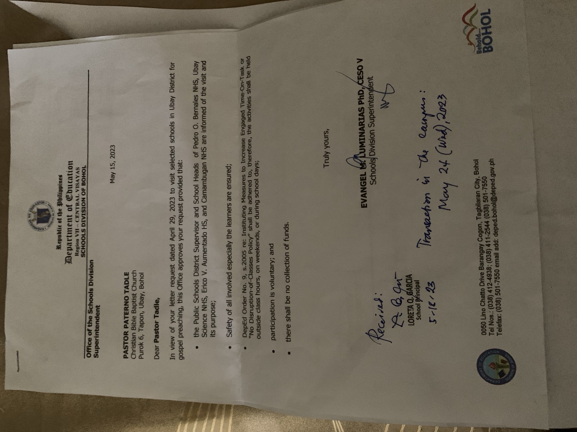 Ubay DepEd endorsement received and signed by school principal Loreta Q. Garcia