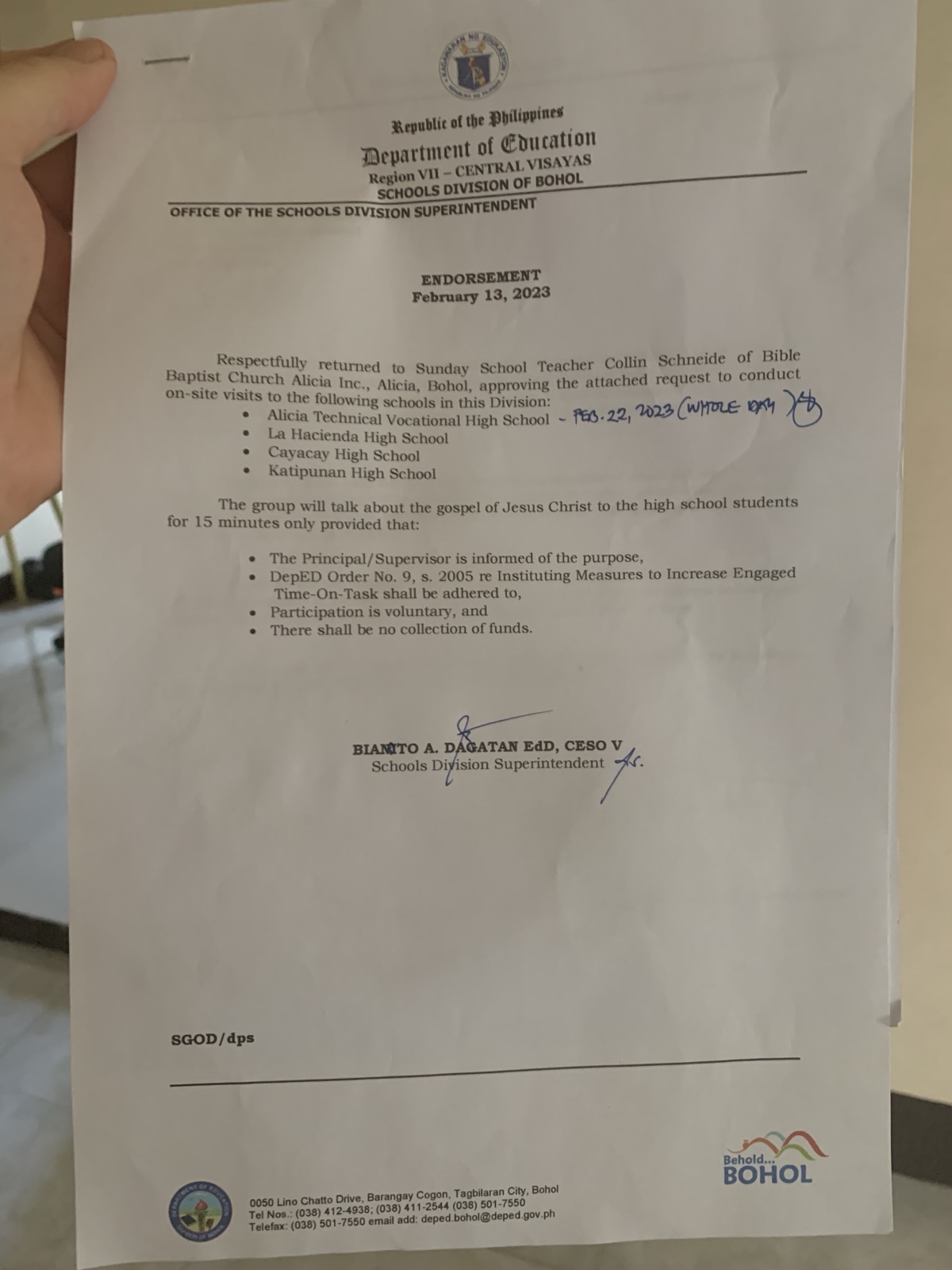 Republic of the Philippines Department of Education endorsement letter for Bible Baptist Church Alicia, approving school visits to Alicia Technical Vocational HS, La Hacienda NHS, Cayacay HS, and Katipunan HS