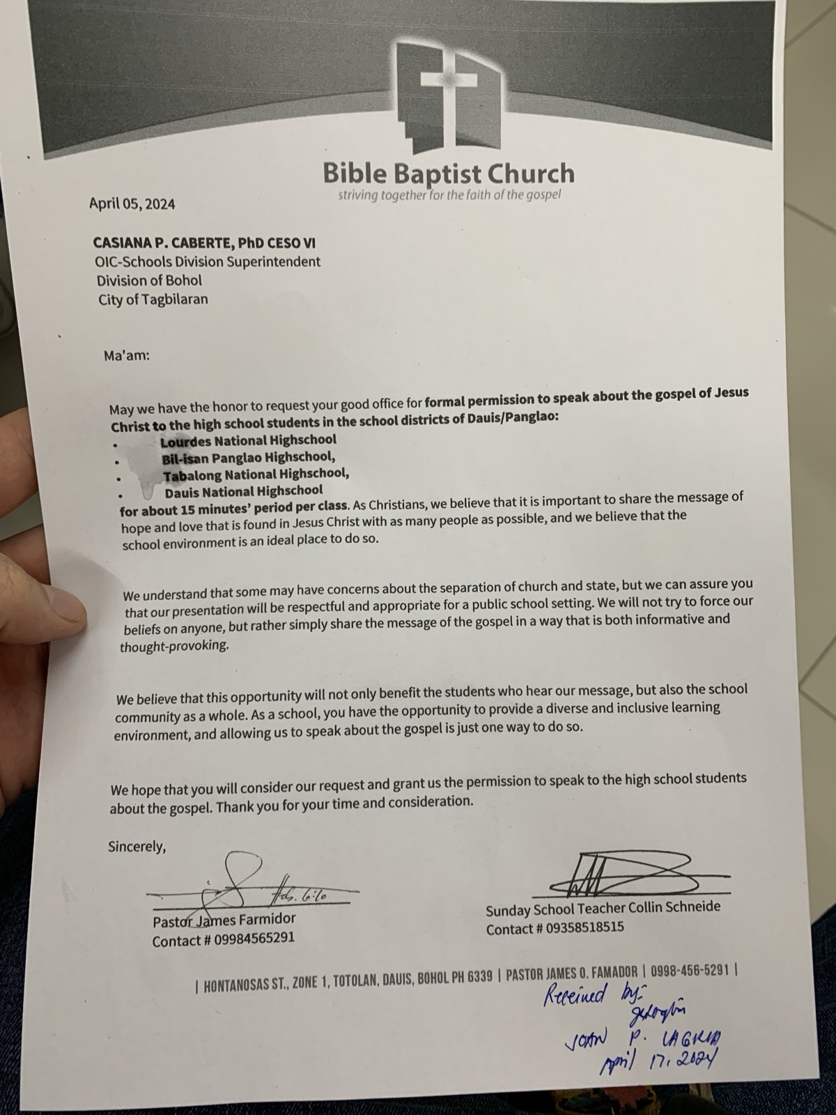 An additional Bible Baptist Church Dauis school request letter held by Collin during a school visit in Bohol