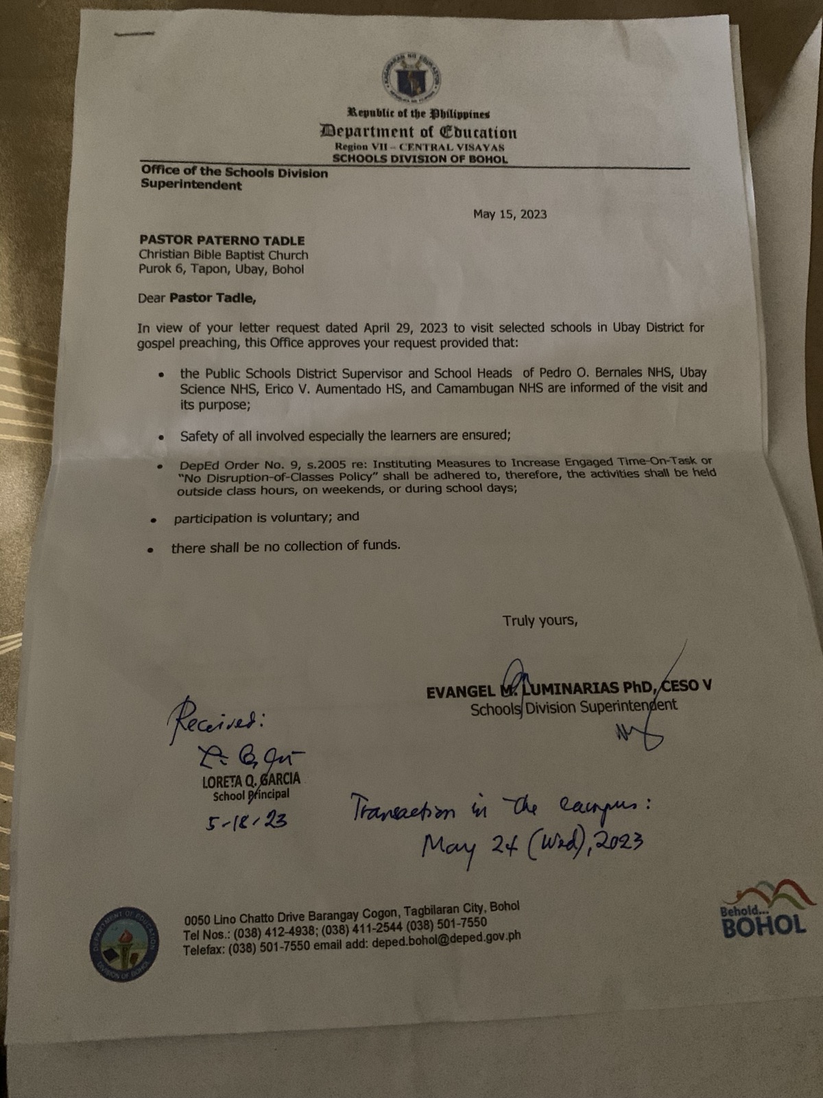 Signed Republic of the Philippines Department of Education endorsement to Pastor Paterno Tadle of Christian Bible Baptist Church, Ubay, approving on-site gospel visits at four high schools in Ubay district