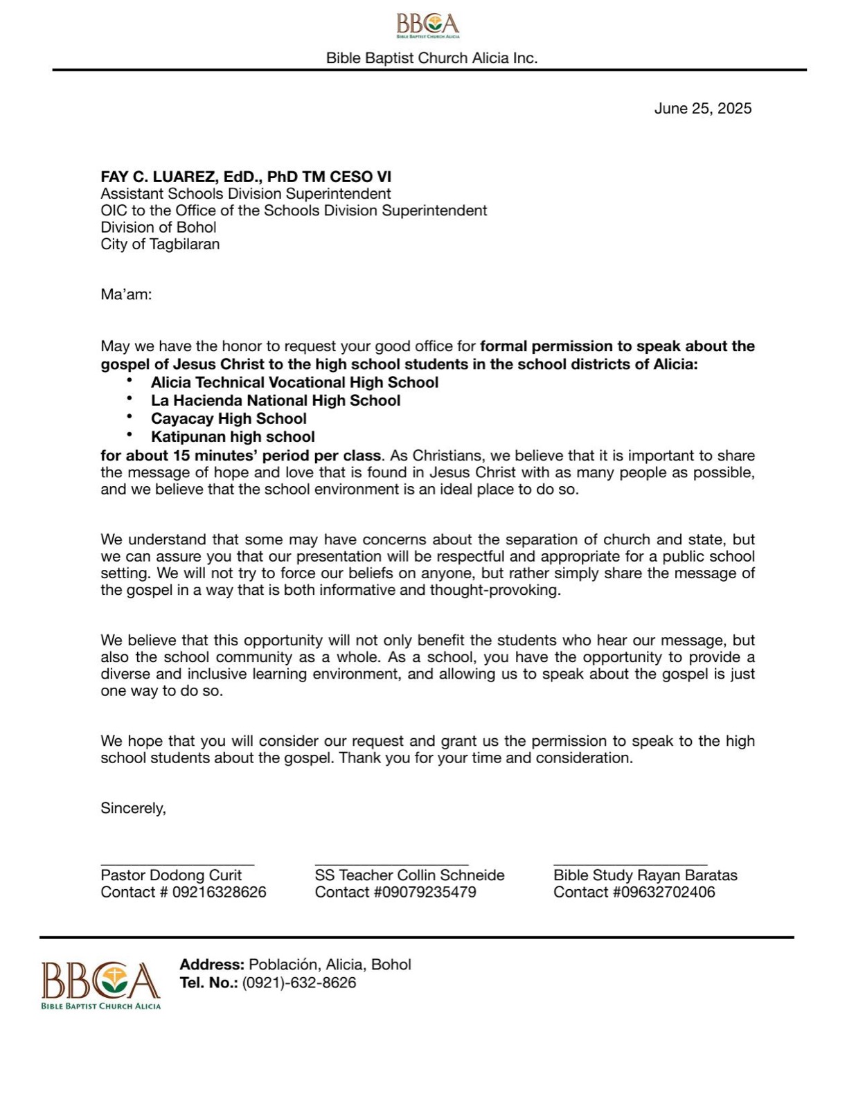 2025 school request letter for the district of Alicia, Bohol — co-signed by Pastor Dodong Curit, Collin Schneide, and Rayan Baratas for four schools