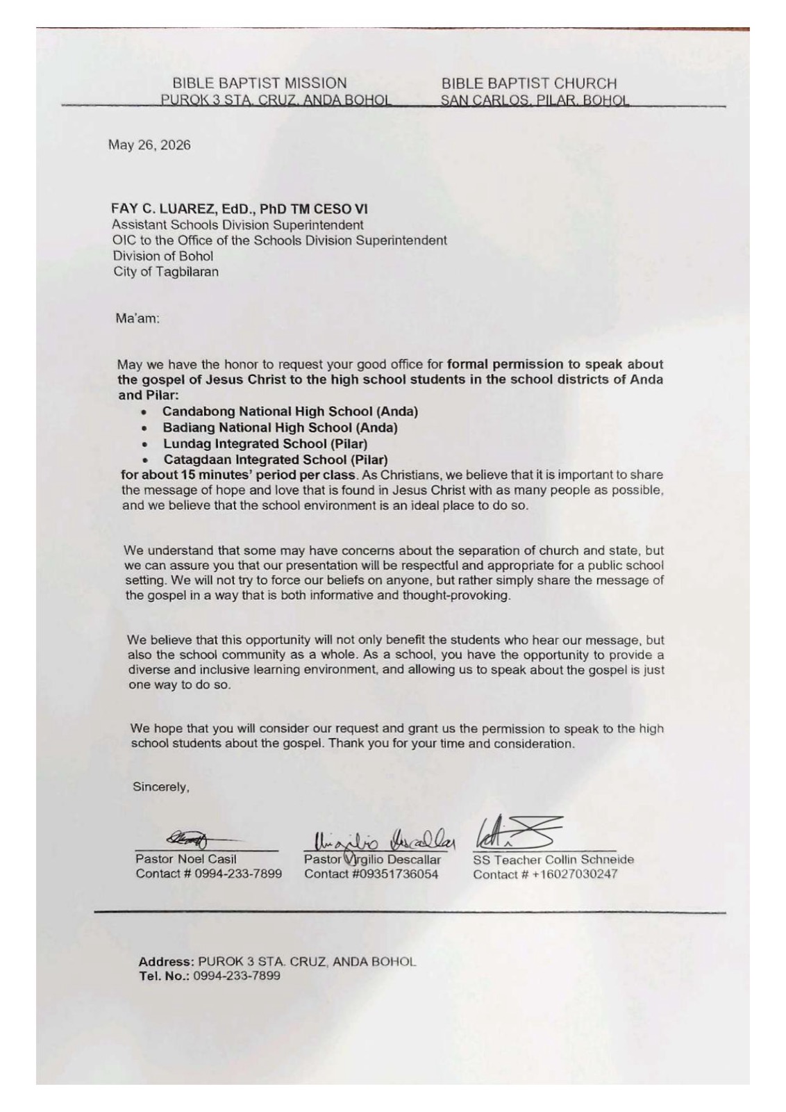 Joint school request letter for Anda and Pilar districts in Bohol — co-signed by Pastor Noel Casil and Pastor Virgilio Descallar with Collin Schneide
