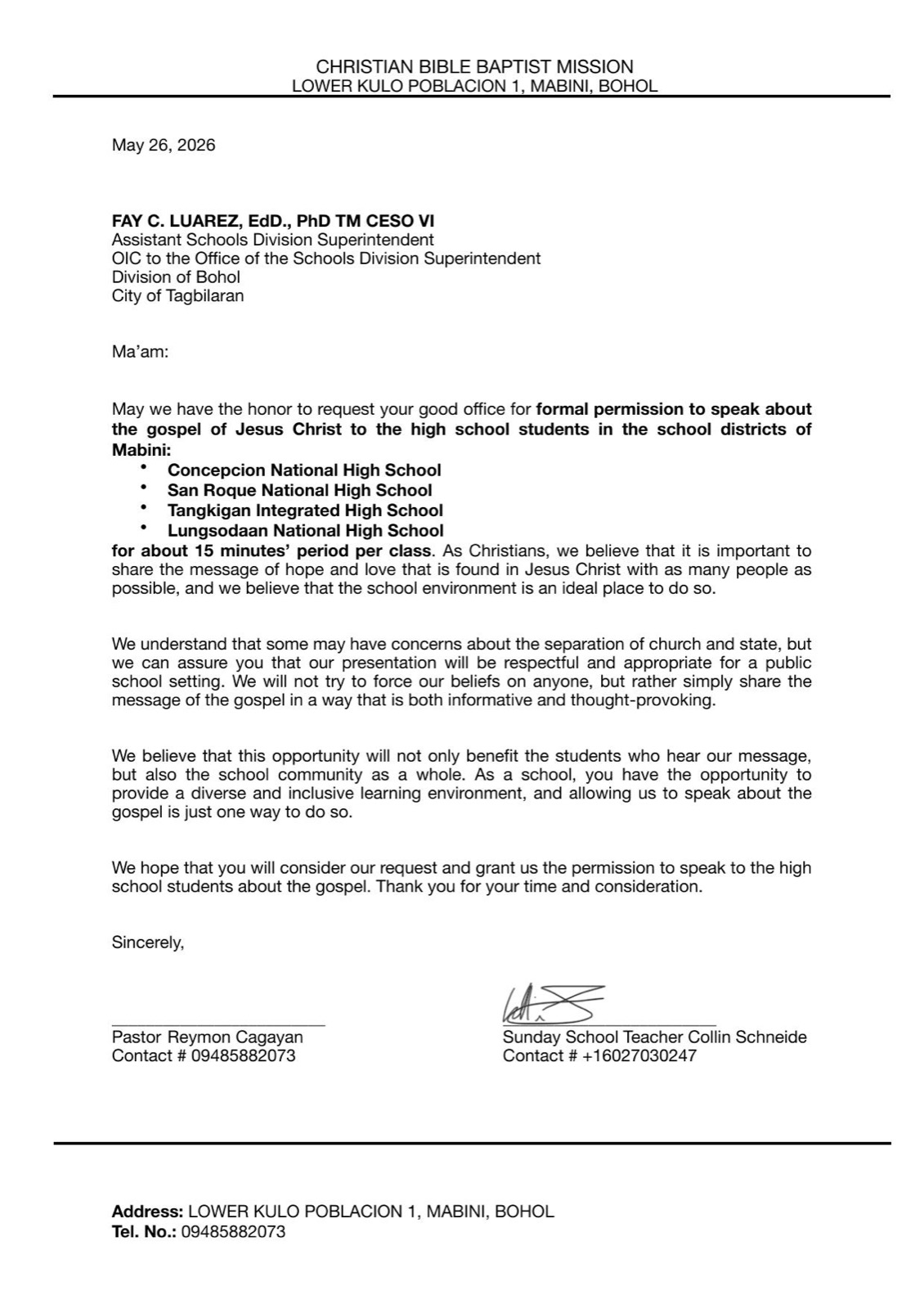 Signed school request letter for the district of Mabini, Bohol — co-signed by Pastor Reymon Cagayan with Collin Schneide for four schools